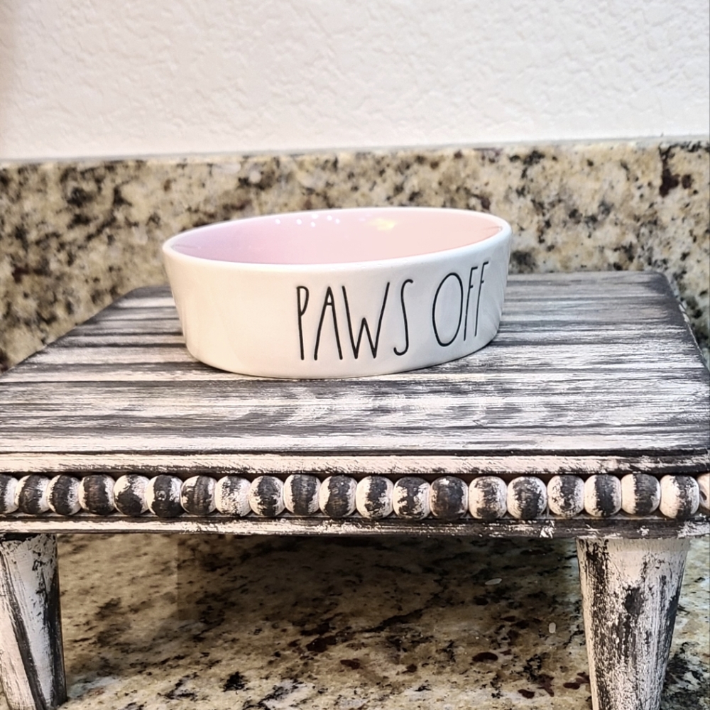 Rae Dunn cat dish, PAWS OFF, pink.